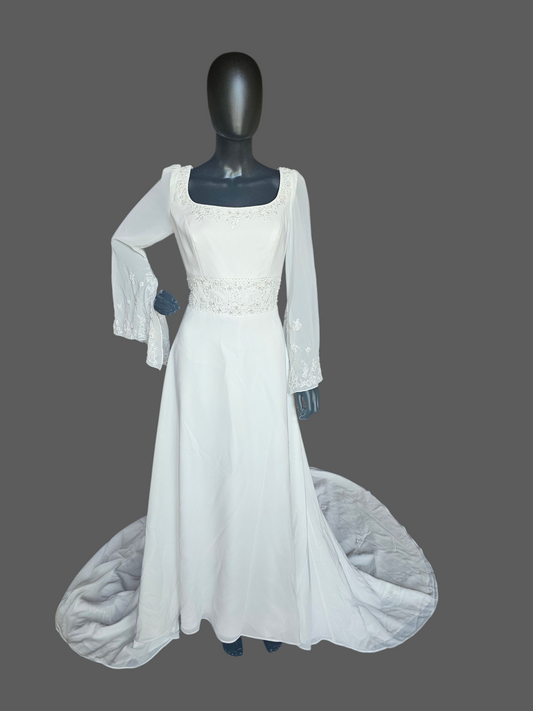 Vintage Ivory Chiffon Empire Waist Scoop Neck Renaissance Sleeve Wedding Dress - Mori Lee