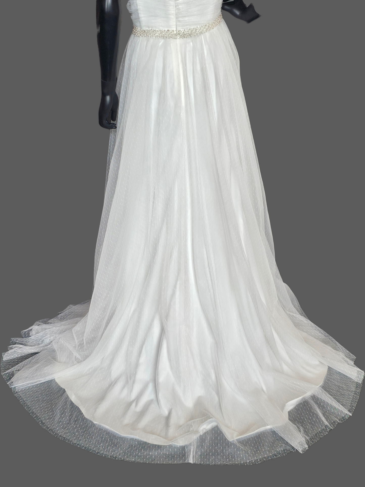 Ivory Swiss Dot Off Shoulder Cap Sleeve Pearl Belt Wedding Dress - Da Vinci