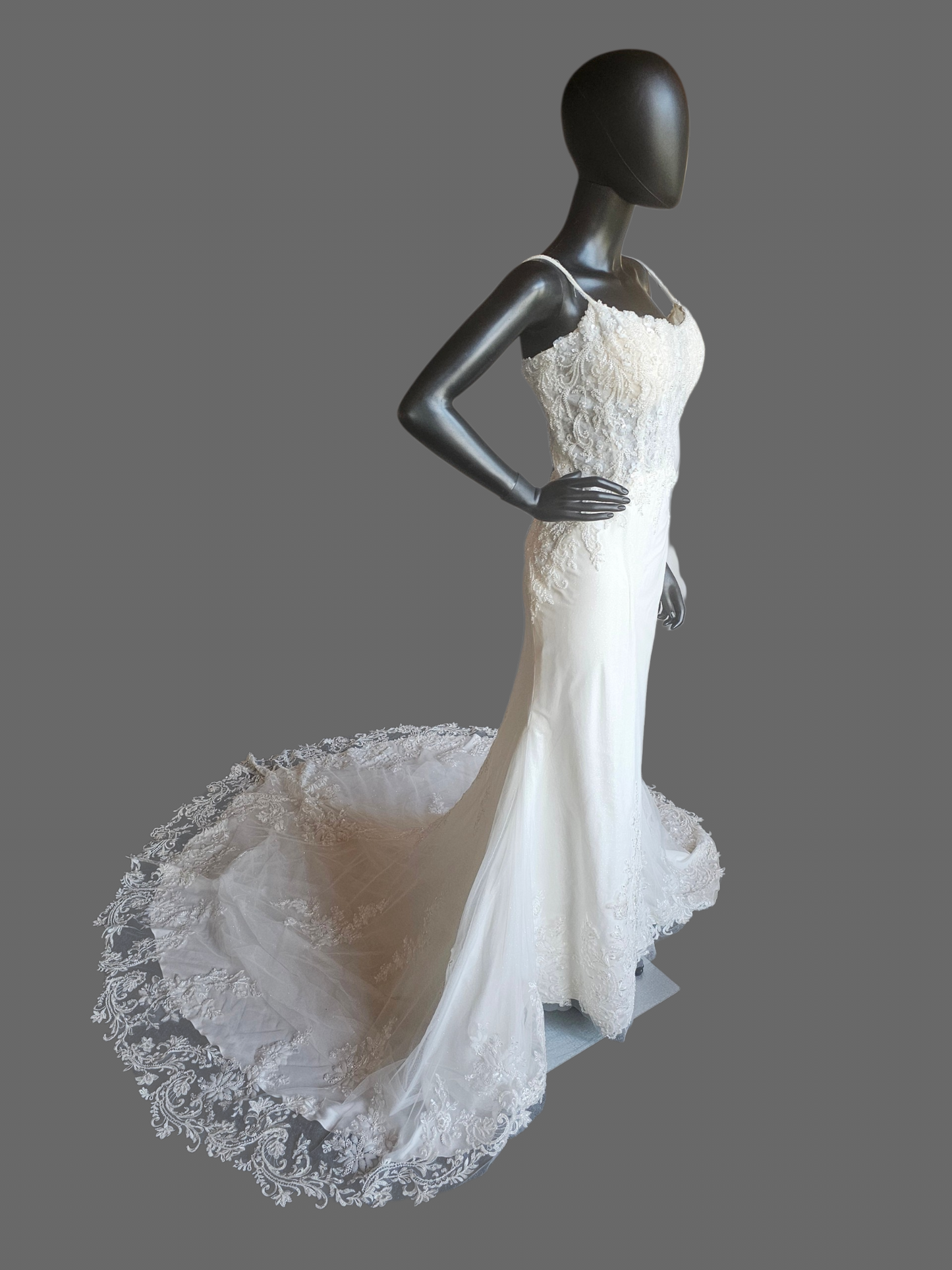 Ivory Overlay Floral Beaded Glitter Fit/Flare Wedding Gown - Davinci