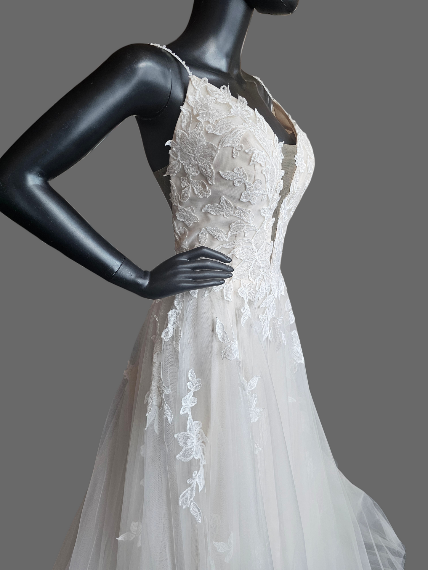 Ivory/Blush Floral Embroidered Plunge A-Line Wedding Gown - Casablanca Beloved