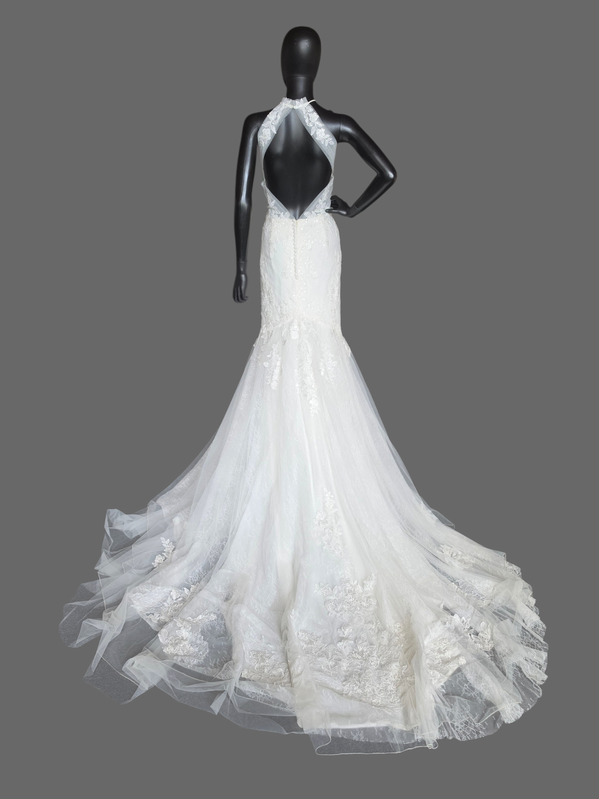 Lace Halter Fit/Flare Open Back Wedding Gown - Lillian West