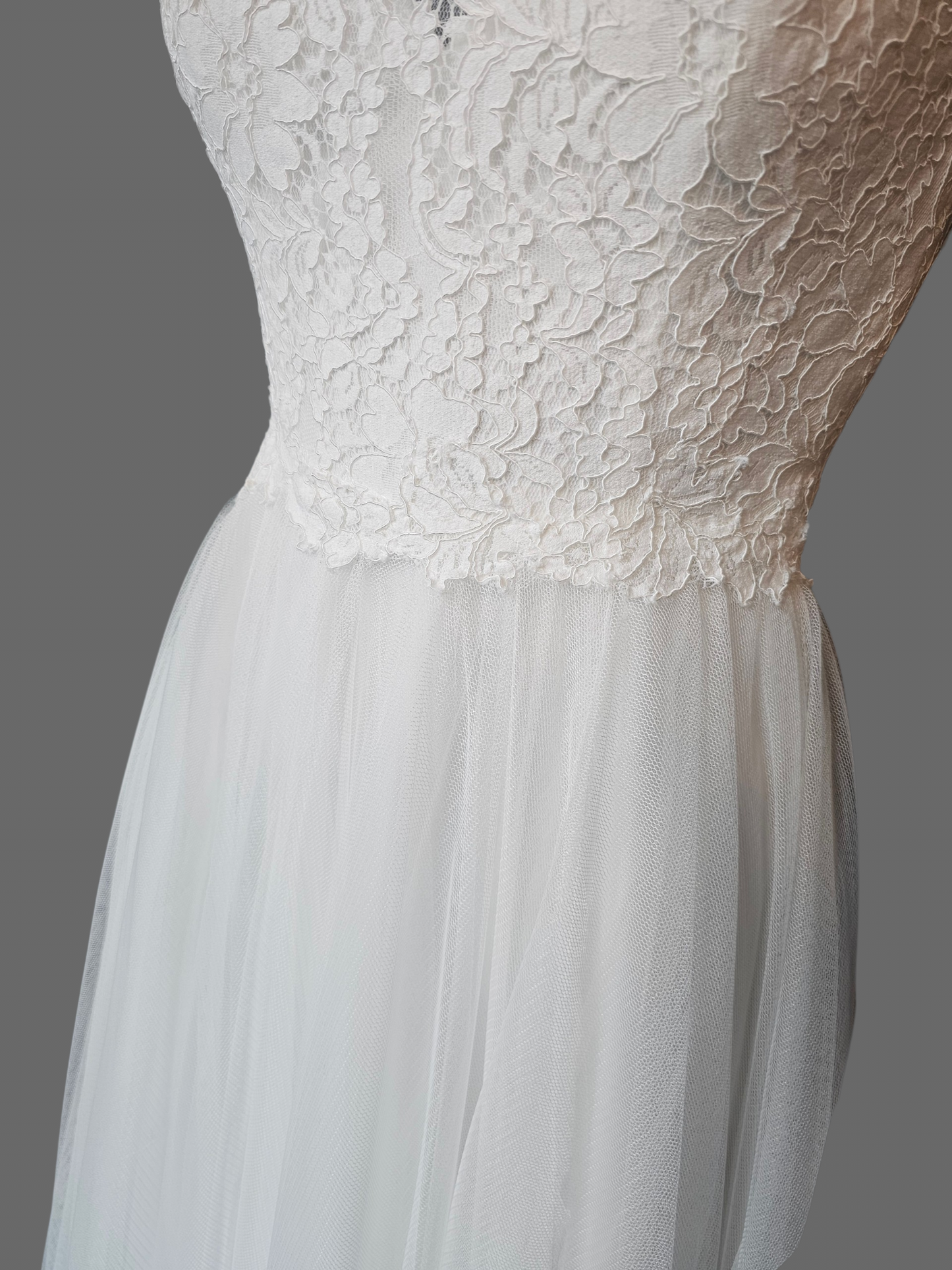 Ivory Illusion Lace Halter Gathered Net (Petite) Wedding Gown- Jasmine