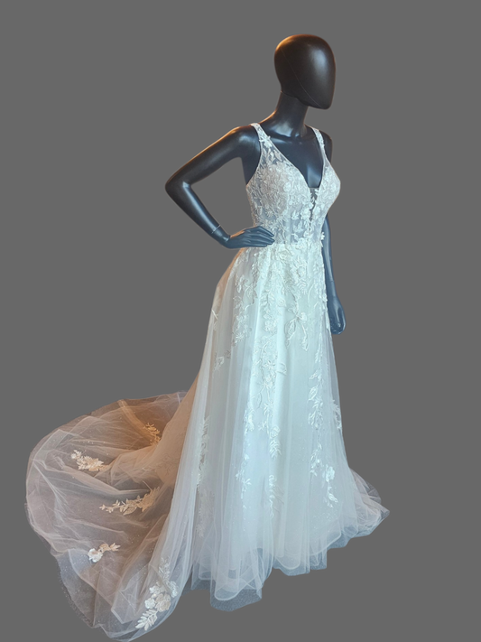 Ivory Wedding Gown V-Neck Plunge Lace Fit/Flare Floral Sequin Coreset  - Rebecca Ingram
