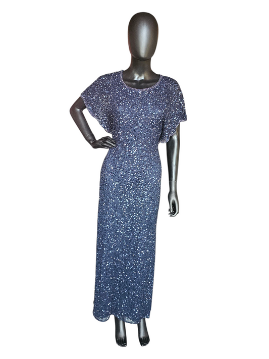 Navy Full Beaded Flutter Sleeve Formal Dress - Adrianna Papell