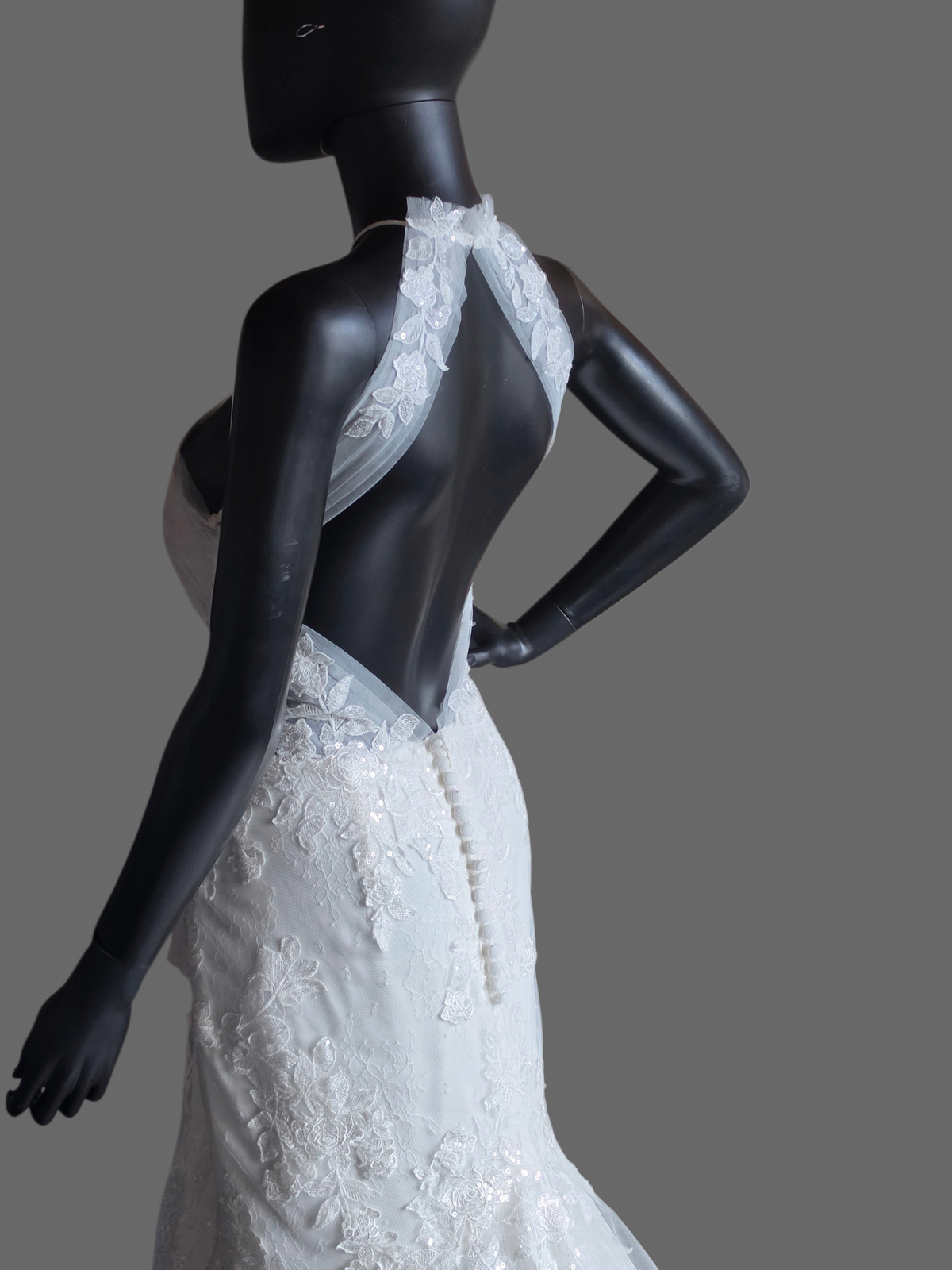Lace Halter Fit/Flare Open Back Wedding Gown - Lillian West