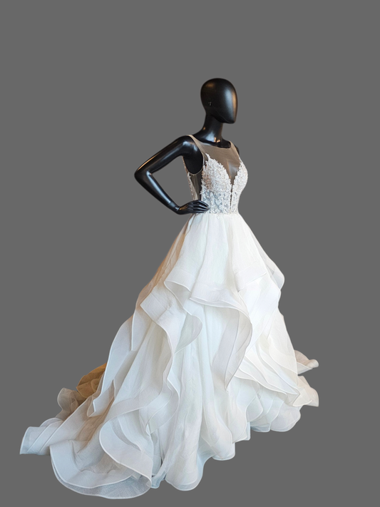 Ivory Tiered Ballgown Illusion Bodice Wedding Gown - Justin Alexander