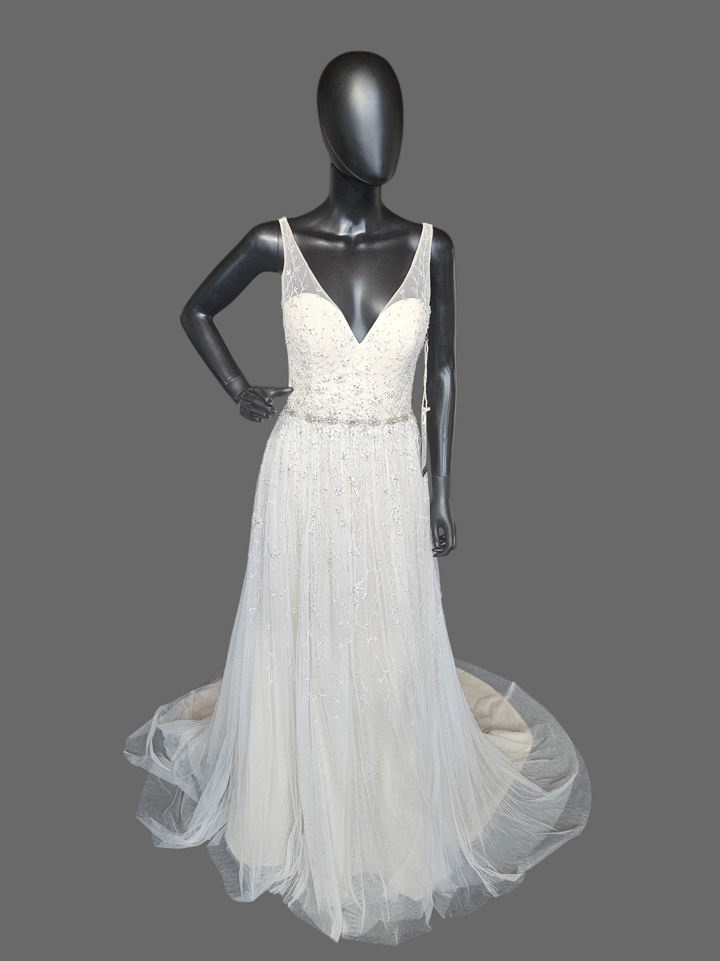 Ivory/Champagne Soft Netting Plunge V-Neck Open Back Wedding Gown - Martin Thornburg