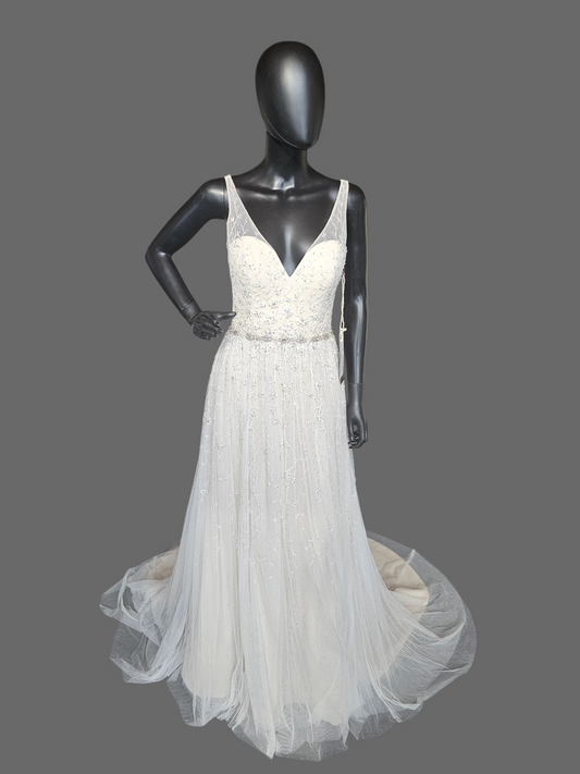 Ivory/Champagne Soft Netting Plunge V-Neck Open Back Wedding Gown - Martin Thornburg