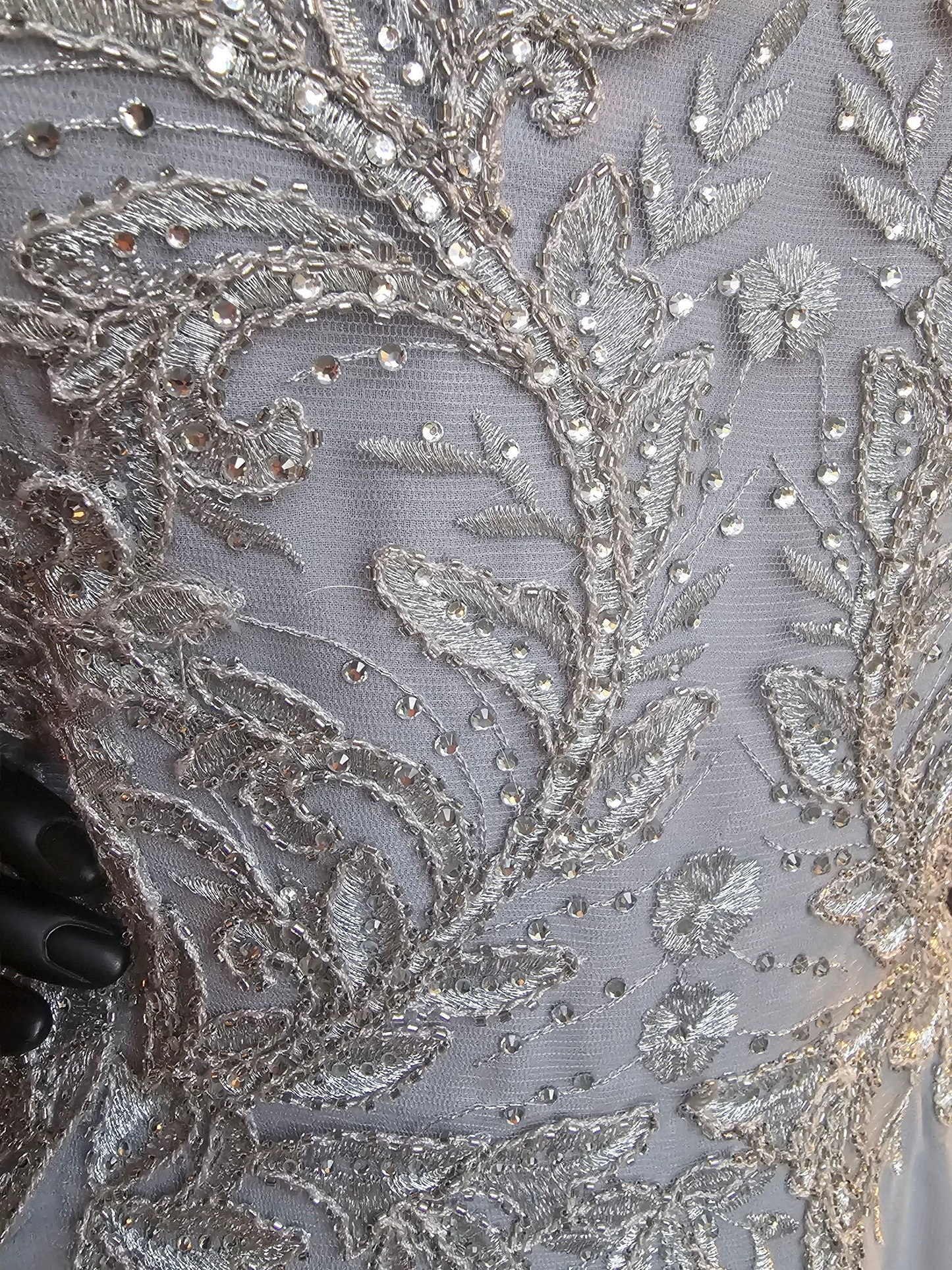 Silver Long Sleeve Illusion Bodice Maxi Formal Evening Gown - Madaline Gardner NY