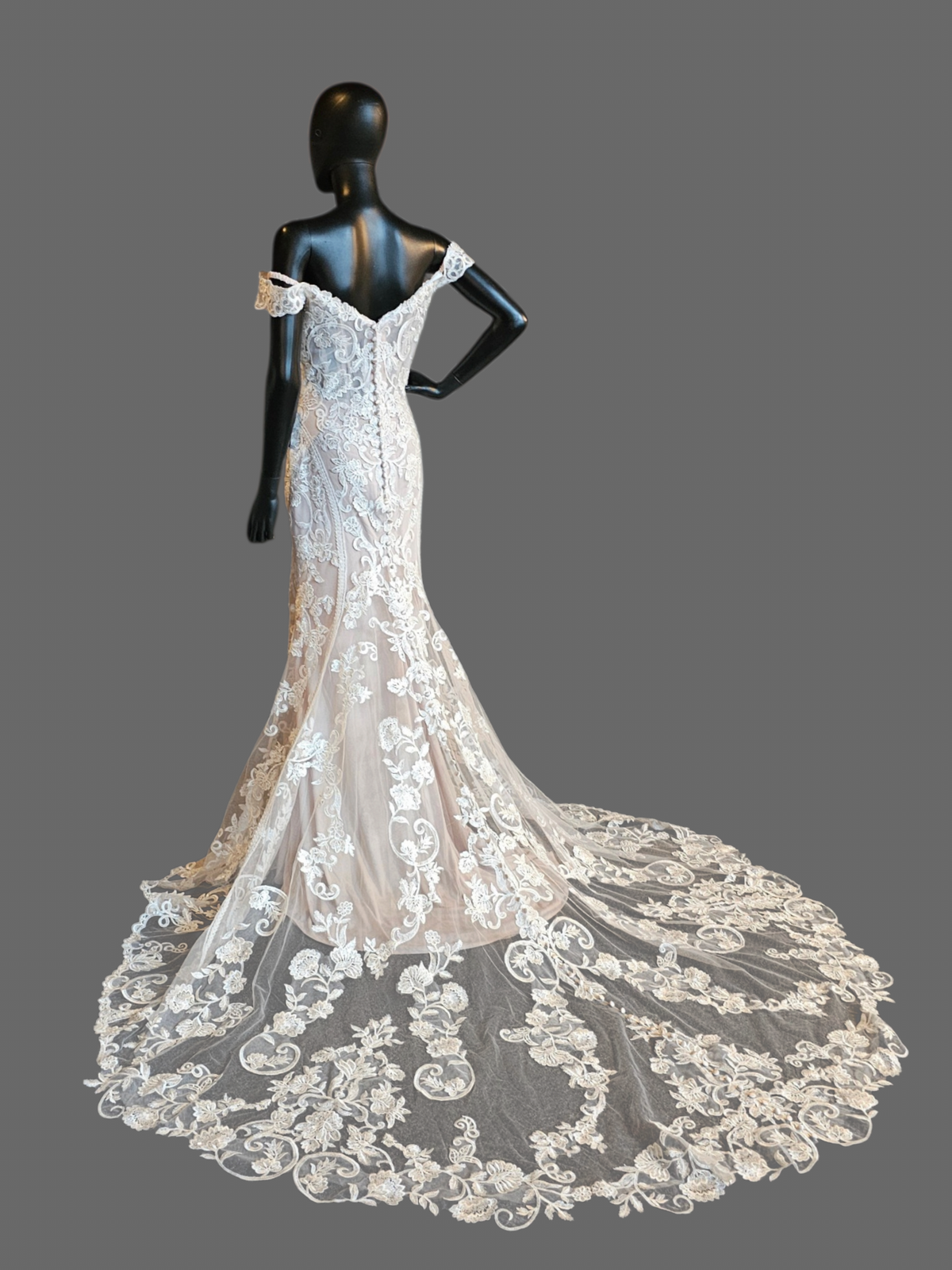Nude/Ivory Lace Deco Off Shoulder Fitted Wedding Gown - Allure