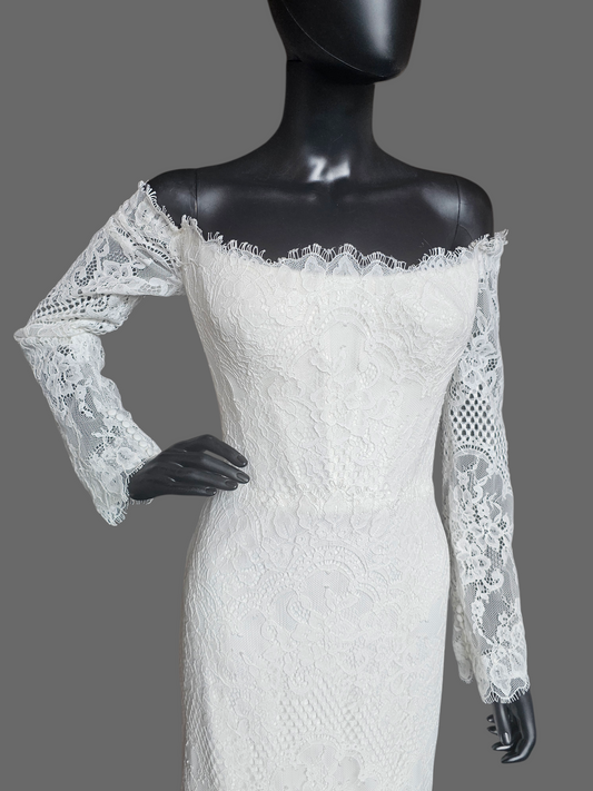 Off Shoulder Soft Ivory Lace Sleeve Fit/Flare Wedding Gown - Wtoo