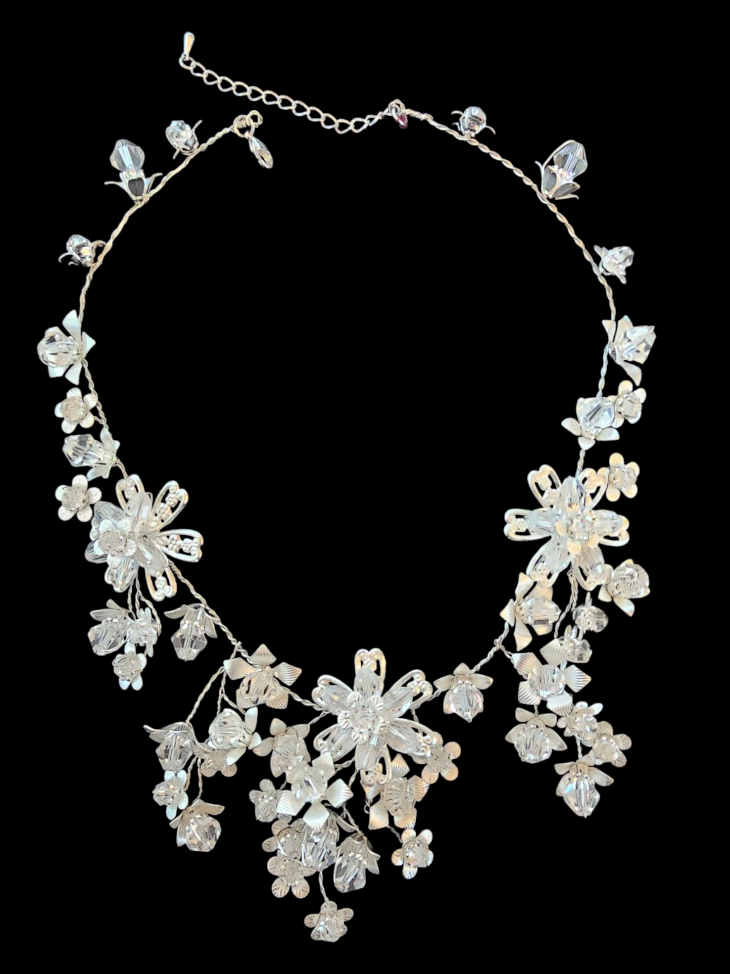 Silver/Swarovski Bead Woven Floral Necklace/Earring Set