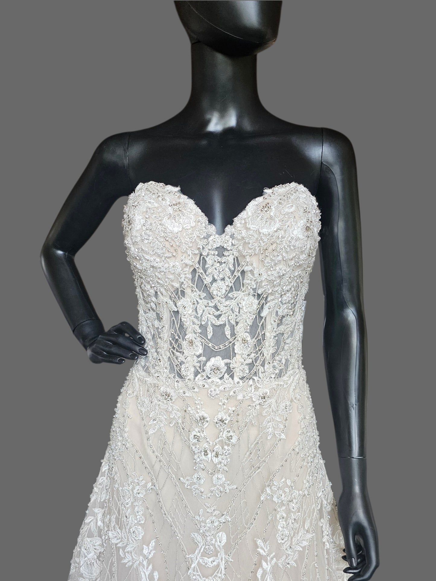 Nude/ White Full Scale Floral Beading Strapless Sweetheart Illusion Bodice Beaded Fit/Flare Wedding Gown - Beloved