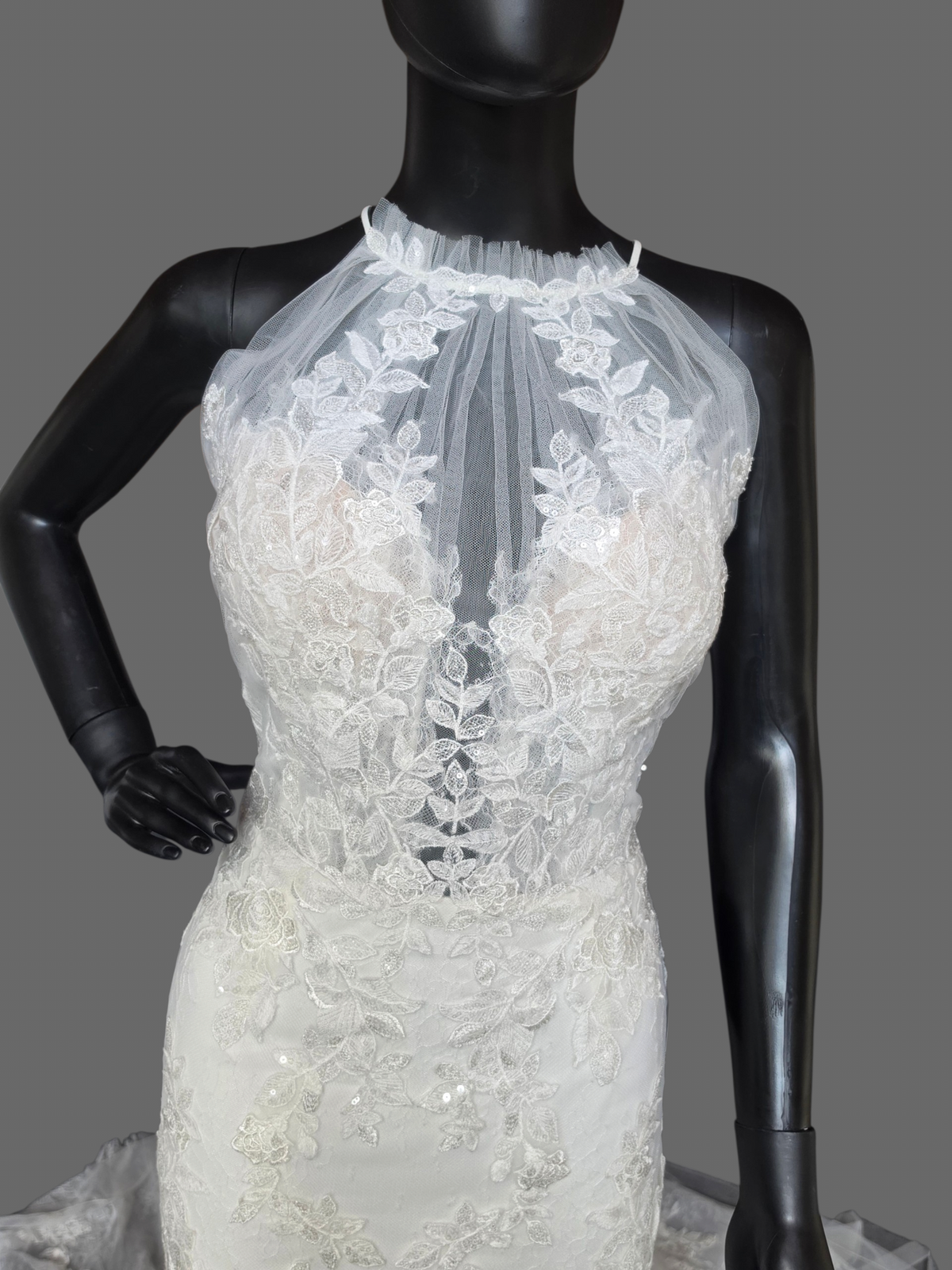 Lace Halter Fit/Flare Open Back Wedding Gown - Lillian West