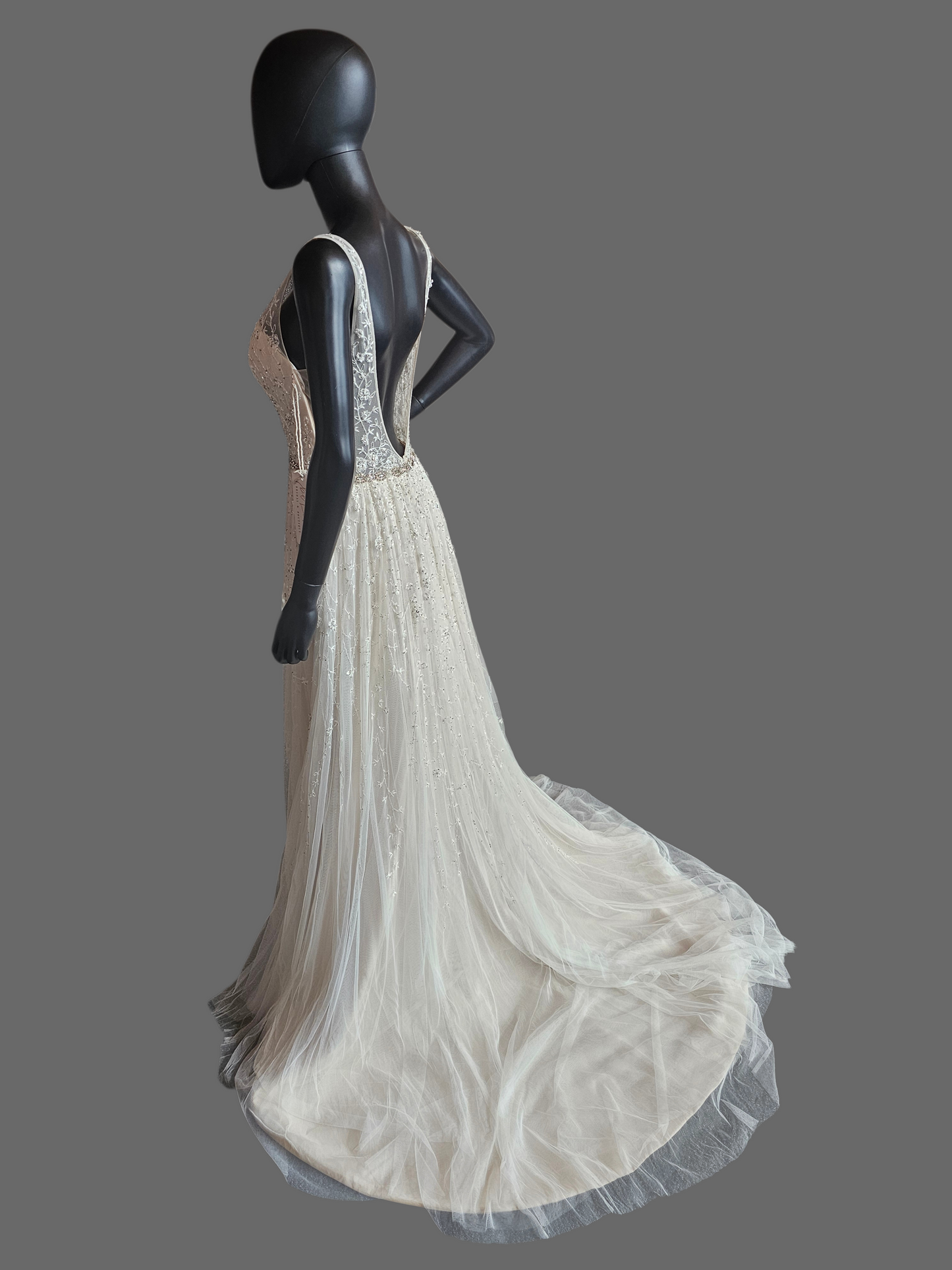 Ivory/Champagne Soft Netting Plunge V-Neck Open Back Wedding Gown - Martin Thornburg