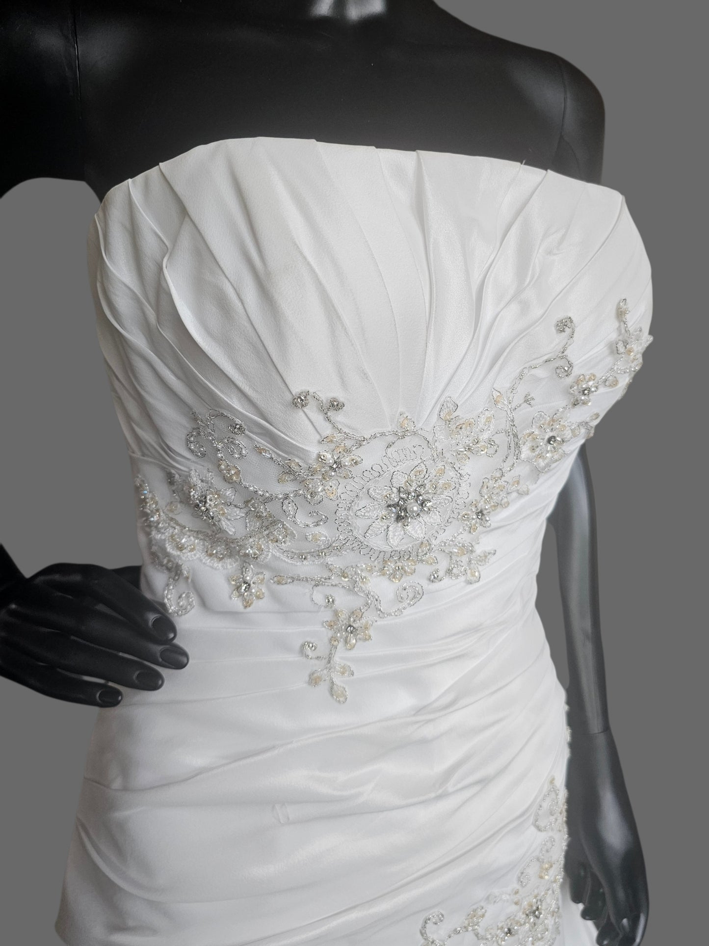 White Taffeta Side Sweep Detailed Applique Strapless Wedding Gown - Casablanca