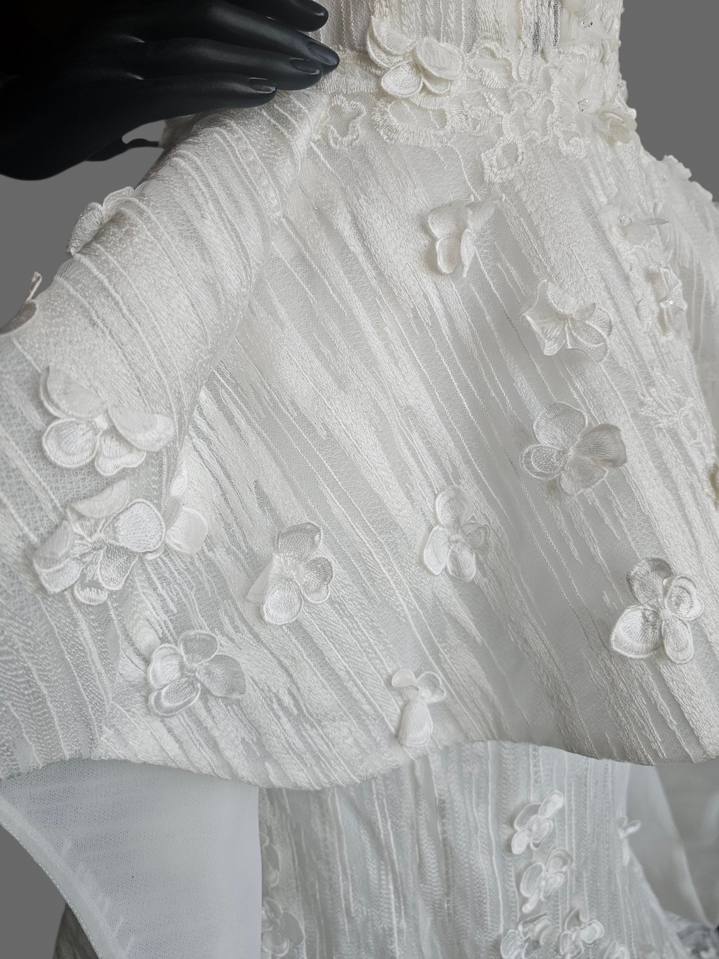 Ivory Structured Wedding Gown 3D Floral Peplum With A Square Neckline And Cap Sleeves - Madison James