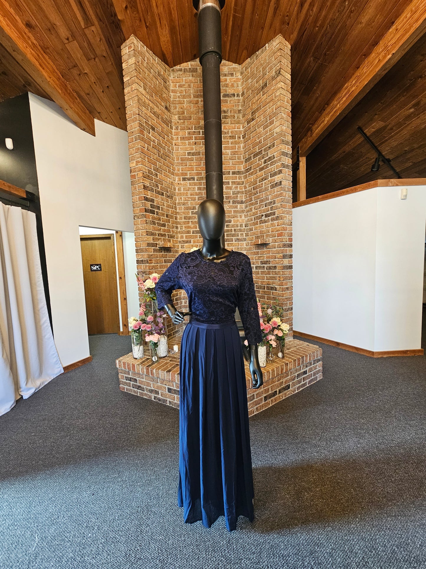 Navy Lace Illusion Full Length Formal Dress