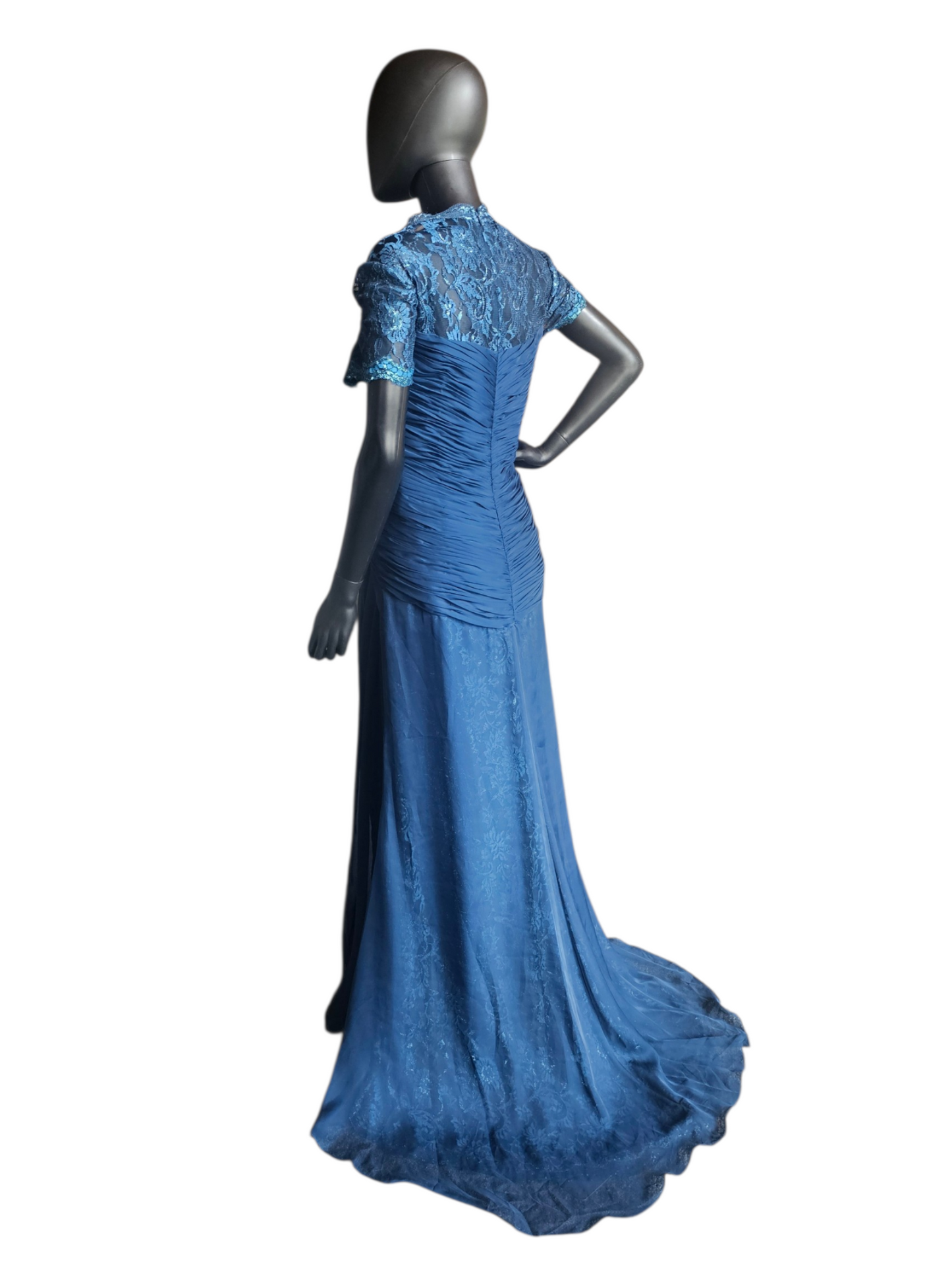 Navy Moms Dress Lace Cap Sleeve Lace Train Beaded Applica Sweetheart Neck  - Feriani Couture