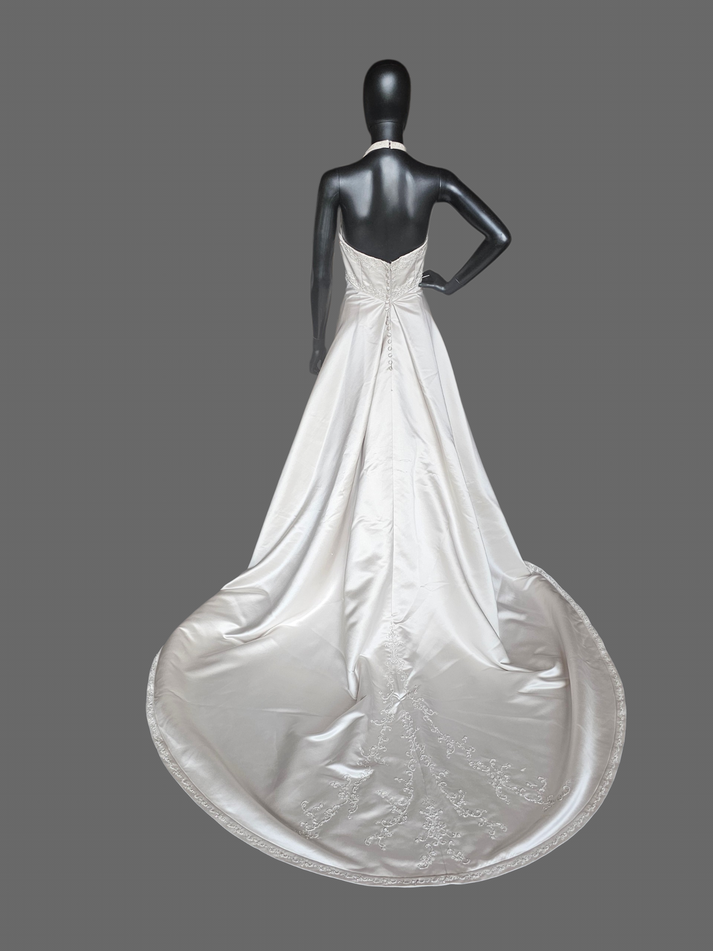 Oyster Satin Empire Square Neck Halter Wedding Gown
