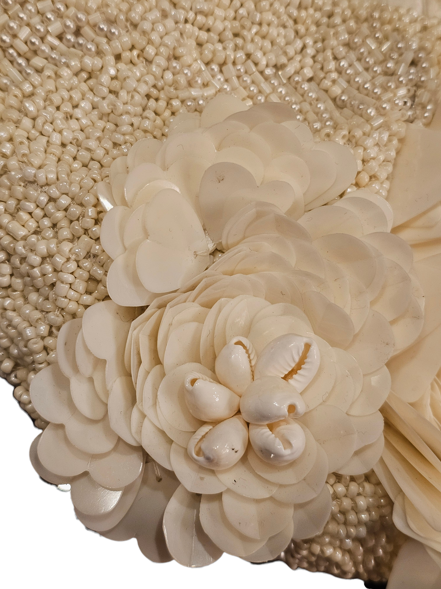 Ivory Seed-Beaded/Floral/Shell Basket Handbag