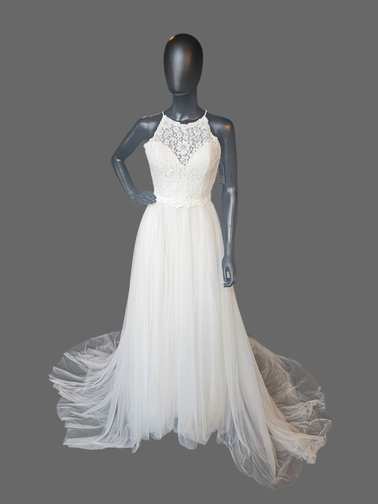 Ivory Illusion Lace Halter Gathered Net (Petite) Wedding Gown- Jasmine