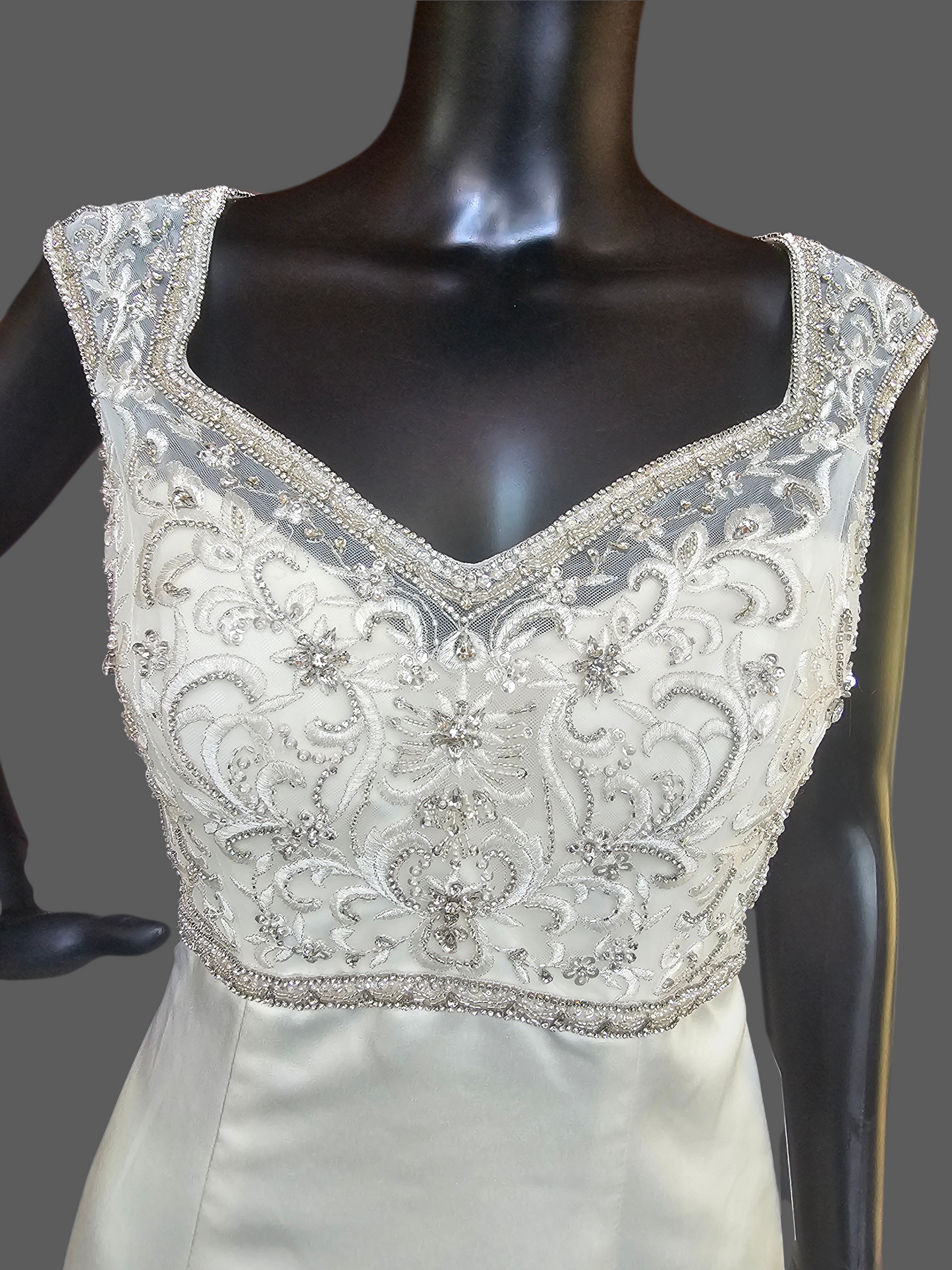 Ivory Satin Empire V-Neck Cap Sleeve Fit/Flare Wedding Gown - Da Vinci