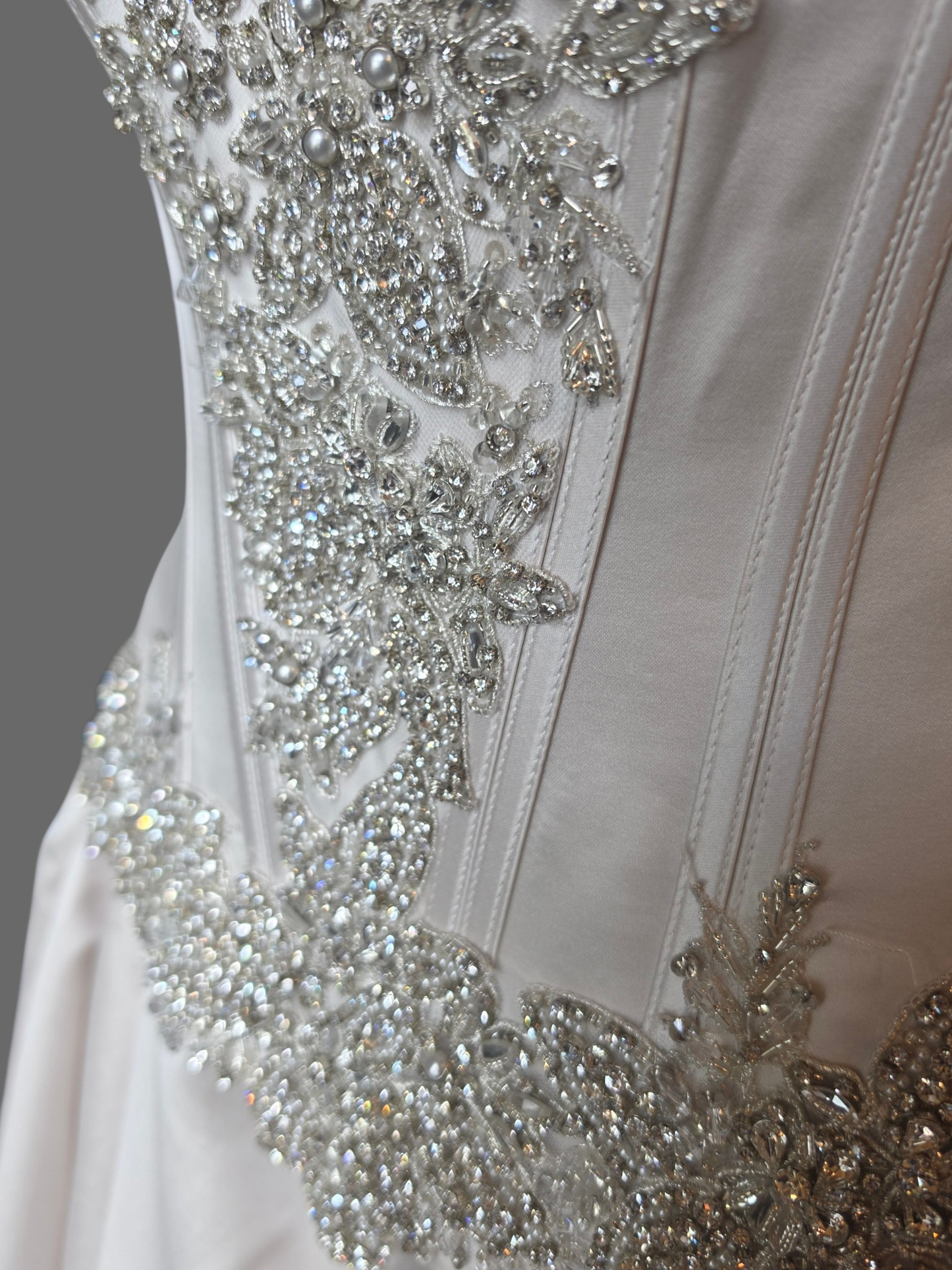Café/Silver Satin Beaded Basque Waist Sweetheart Wedding Gown - Allure