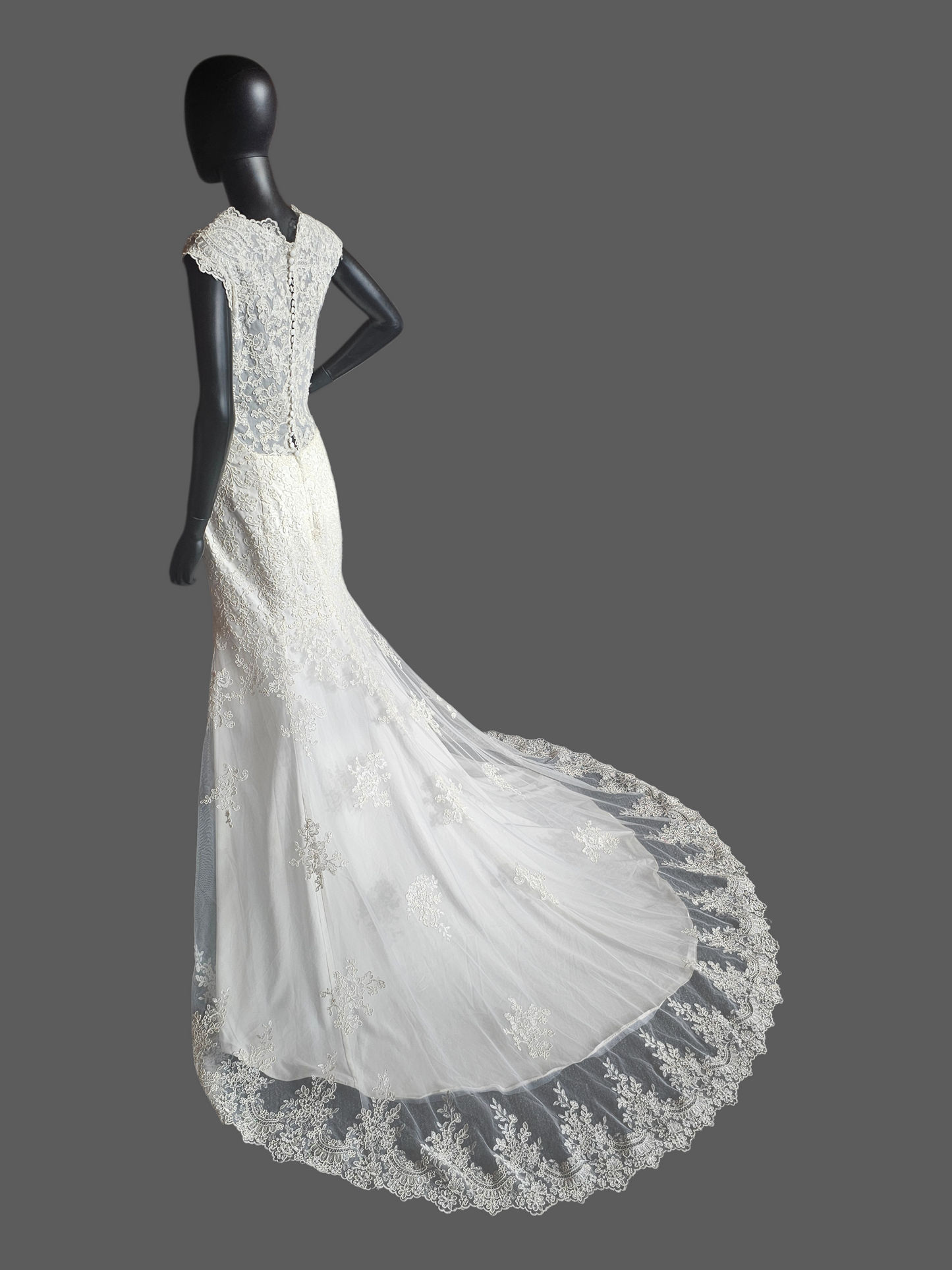 Corded Ivory Lace Fit/Flare Cap Sleeve Wedding Gown - Da Vinci