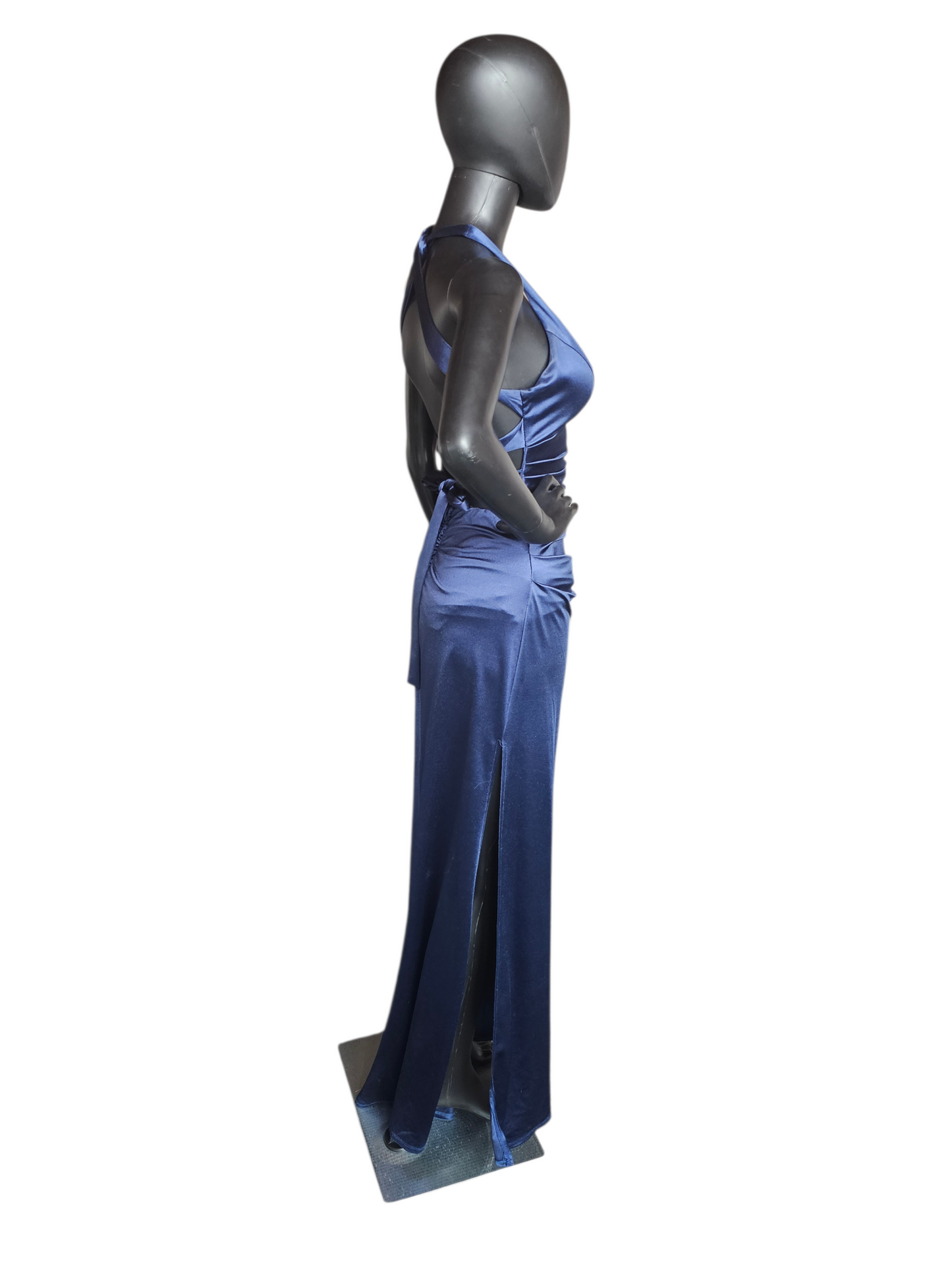 Navy Stretch Charmeuse Open Back Halter Maxi Dress - B. Darlin