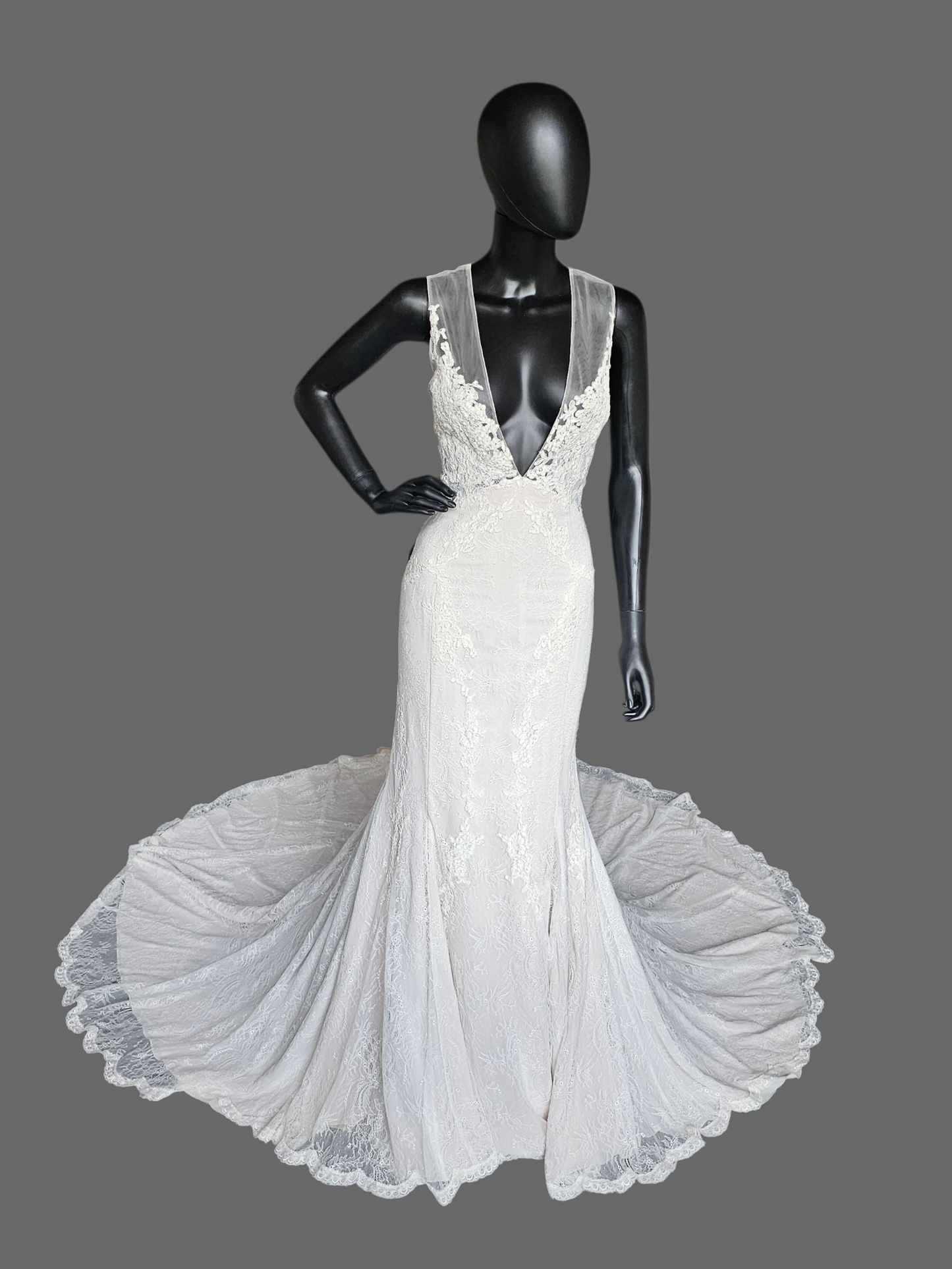 Ivory Illusion Plunge Thick Strap Floral Lace Fit/Flare Wedding Gown - Alyne