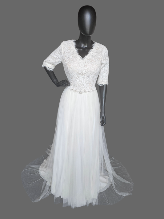 Ivory Lace Bodice V-Neck 3/4 Sleeve Wedding Gown - Rebecca Ingram