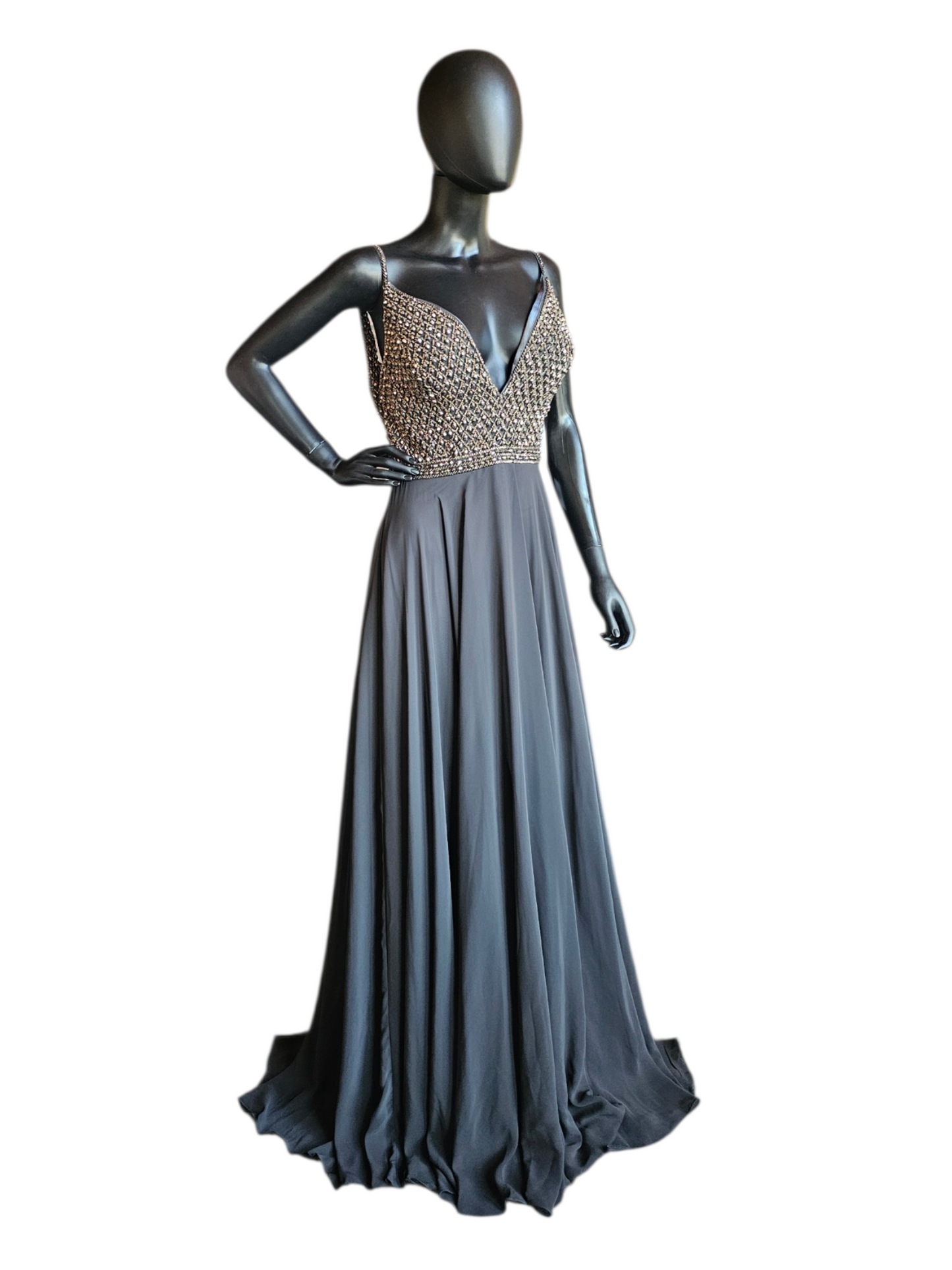Charcoal A-Line beaded V-Neck Plunge Open Back Formal/Prom Dress - Jovani