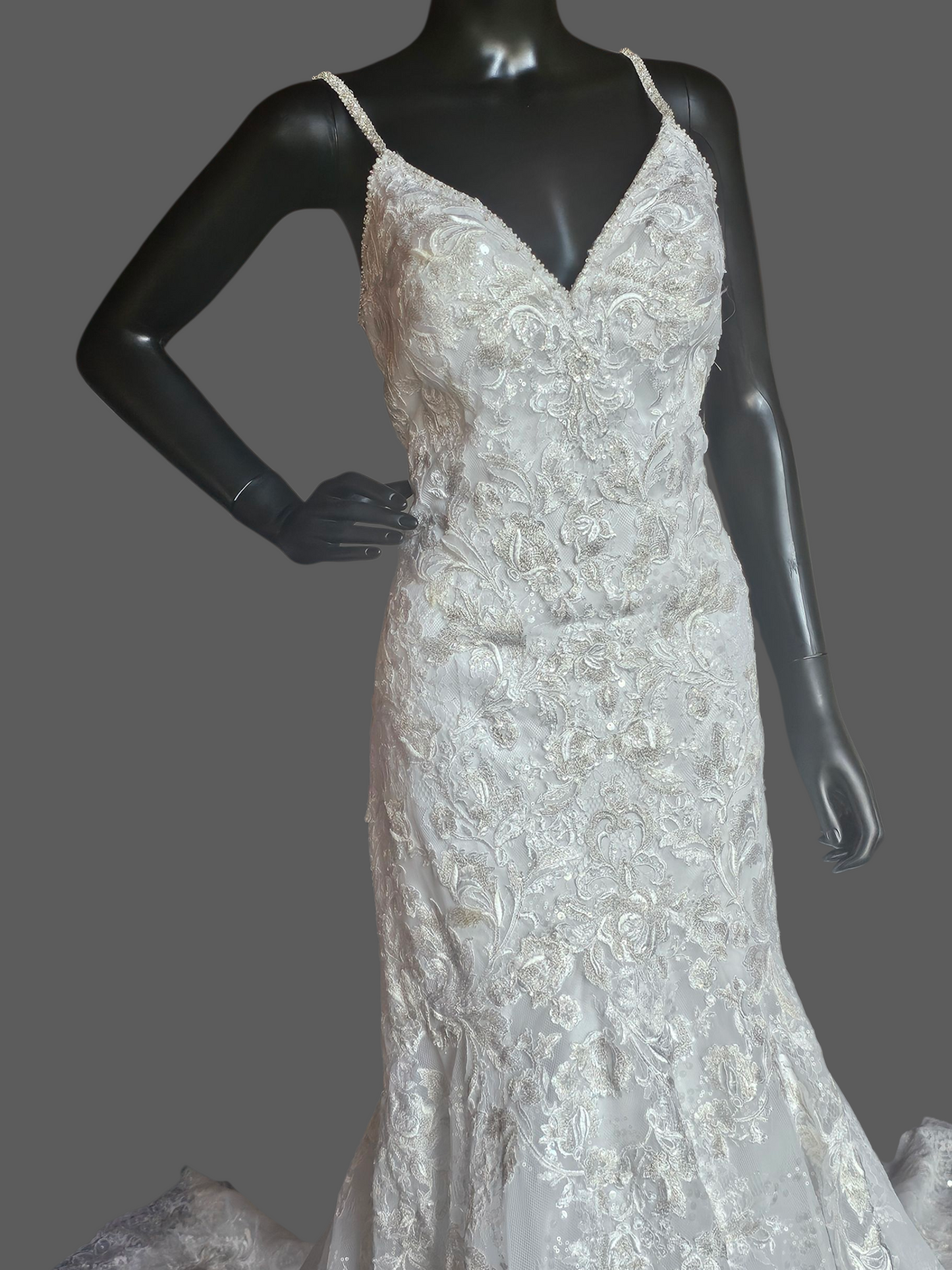 White Lace Metallic Embroidered Fit/Flare Wedding Gown - Mori Lee