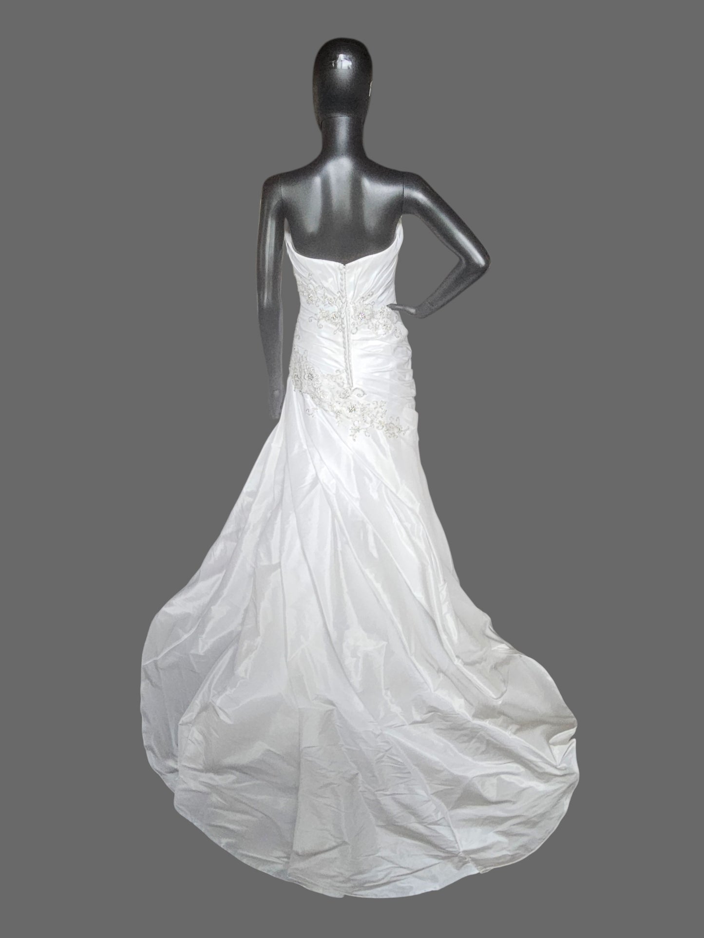 White Taffeta Side Sweep Detailed Applique Strapless Wedding Gown - Casablanca