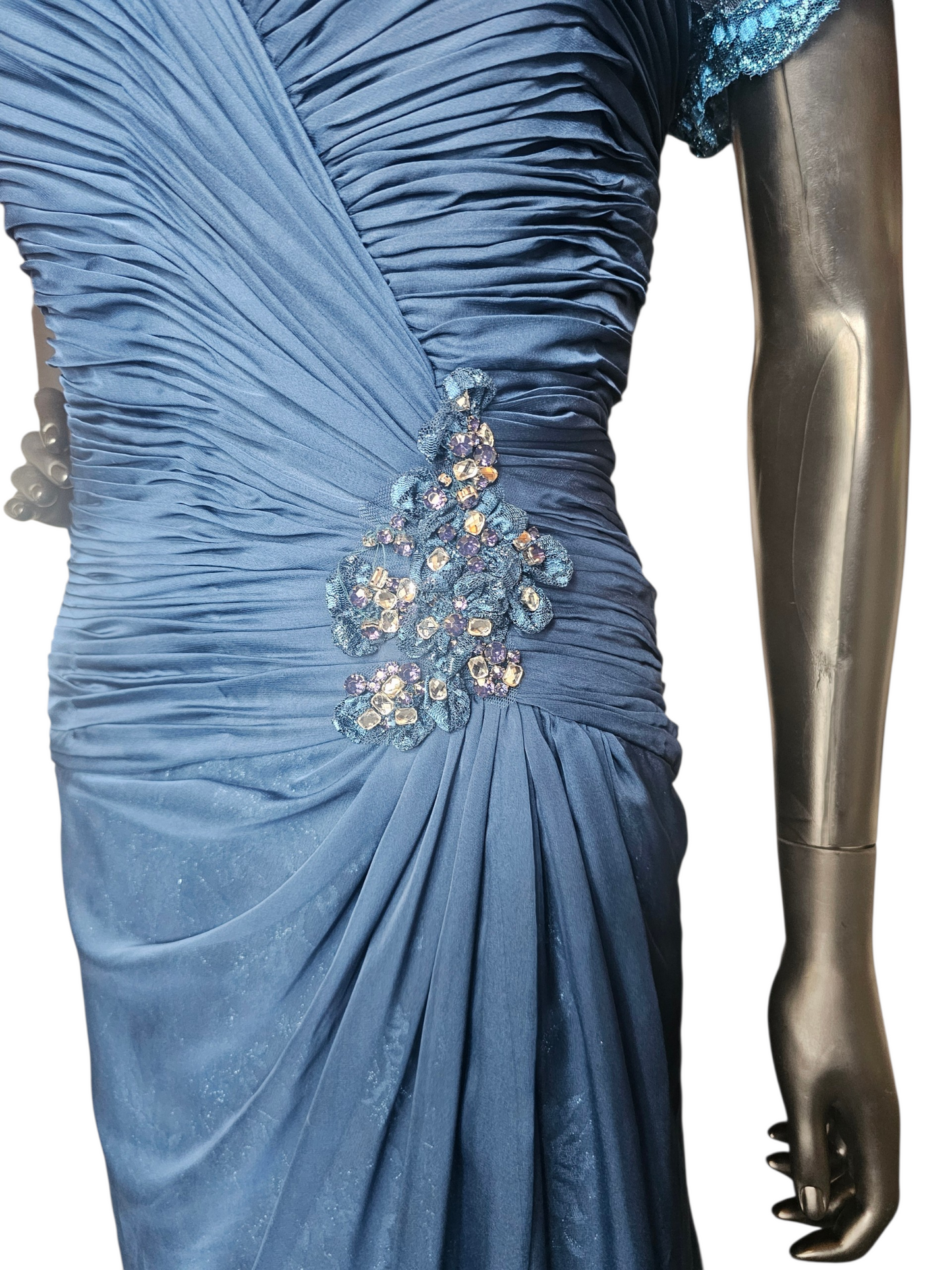 Navy Moms Dress Lace Cap Sleeve Lace Train Beaded Applica Sweetheart Neck  - Feriani Couture