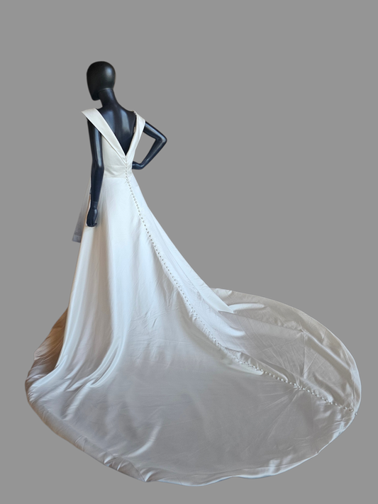Ivory Silky Satin Simple Off Shoulder Cross V-Neck Open Back Wedding Gown - Mori Lee