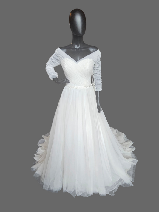 Tulle Wrap Sleeve Off Shoulder A-Line Wedding Gown - Mori Lee