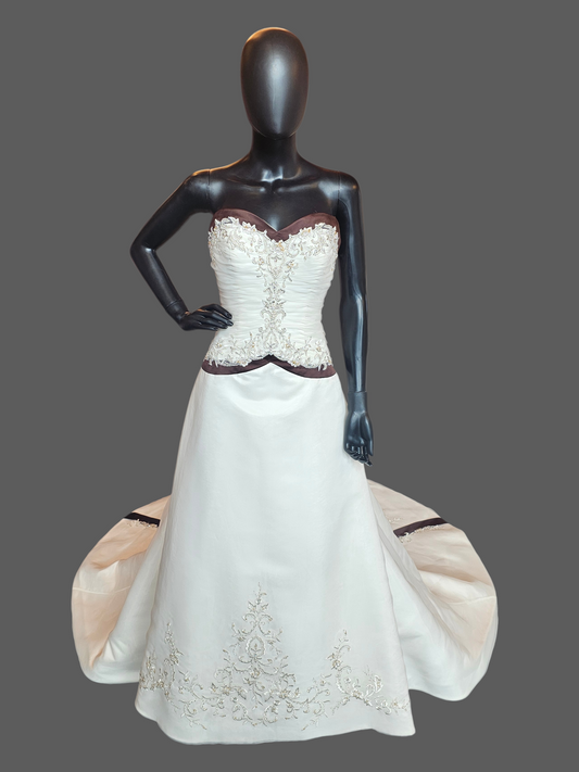 Ivory/Chocolate Satin Sweetheart A-line Wedding Gown - Bonny
