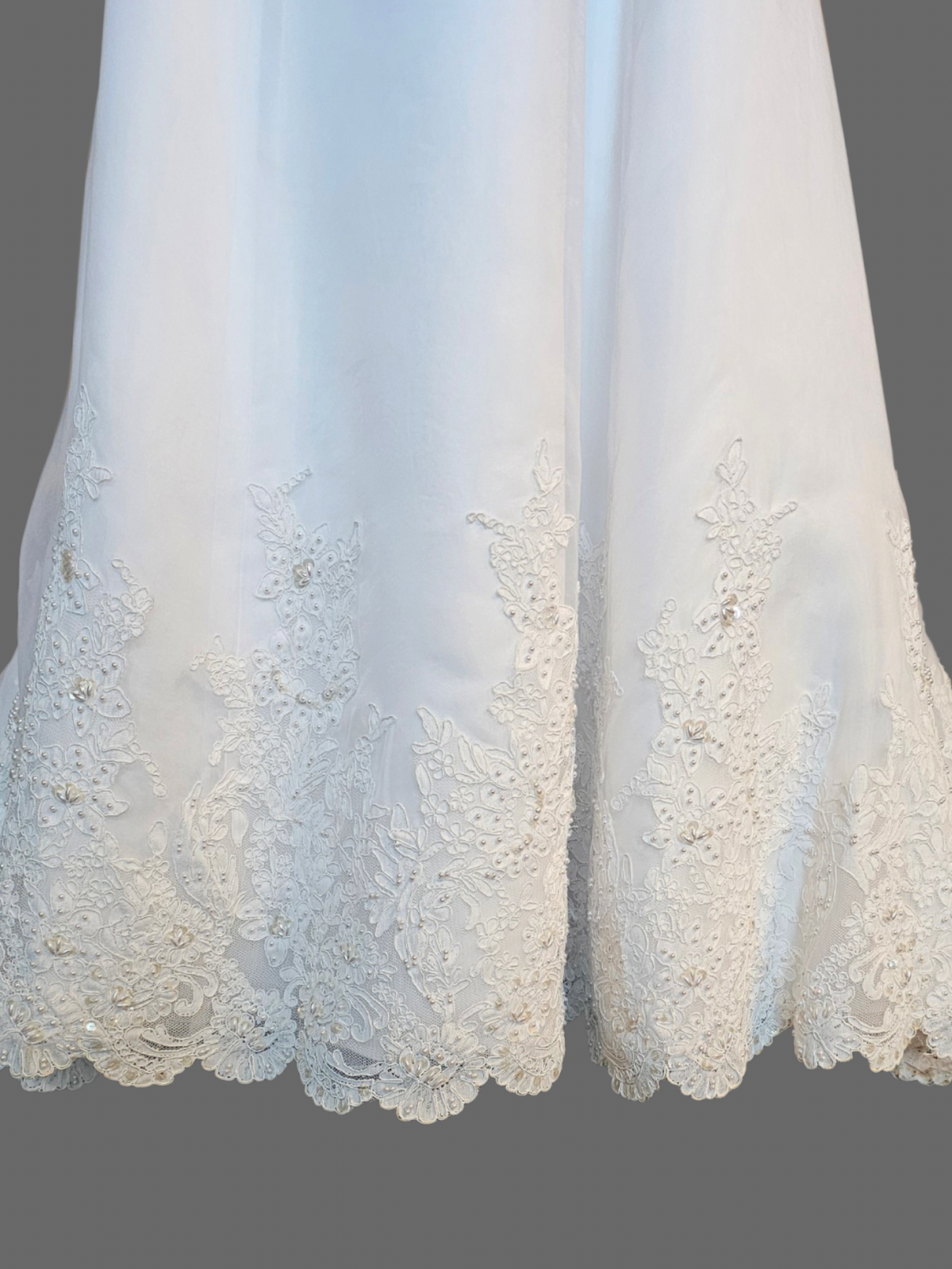 White V-Neck Lace Applique Organza Wedding Gown - Oleg Cassini
