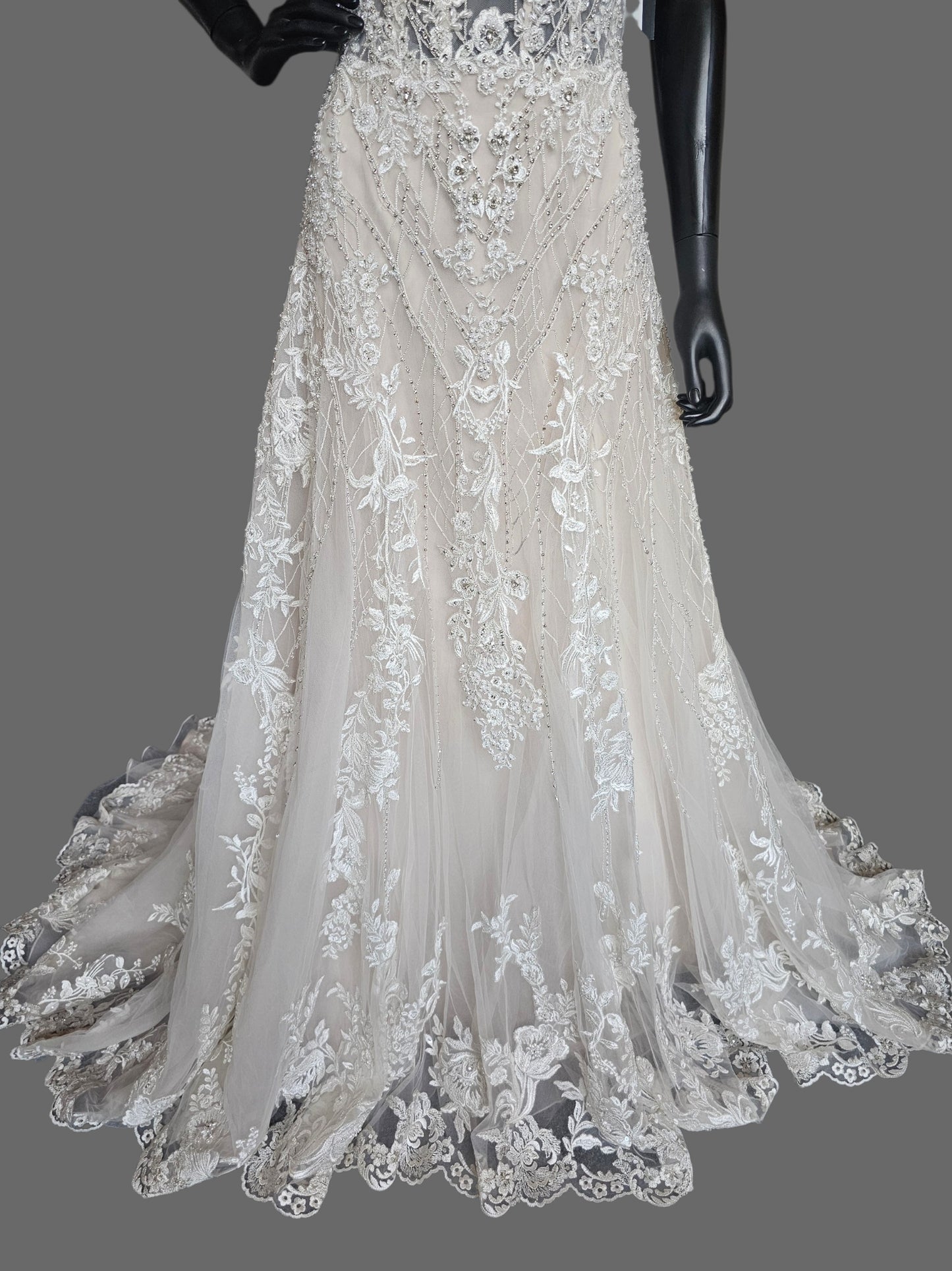 Nude/ White Full Scale Floral Beading Strapless Sweetheart Illusion Bodice Beaded Fit/Flare Wedding Gown - Beloved